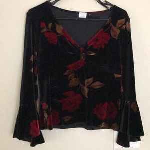Velvet floral bell sleeve blouse